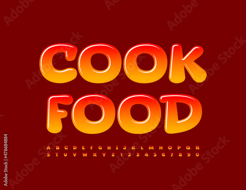 Vector bright template Cook Food. Gradient color Font. Glossy Alphabet Letters and Numbers set
