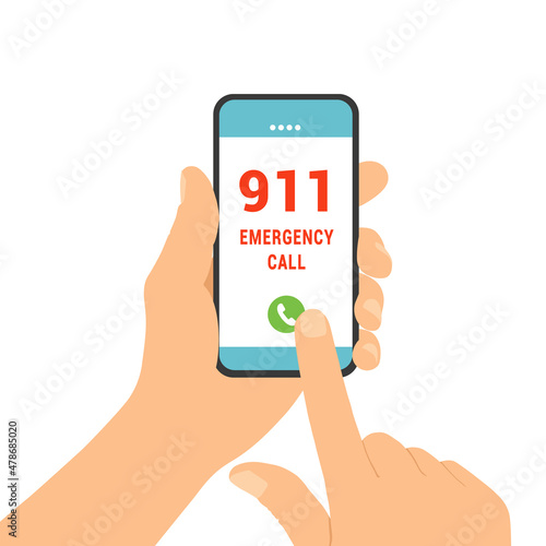Flat design illustration of male hand holding smartphone. Emergency call for help on the phone number 911, vector