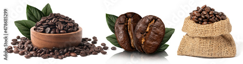 Fotografering coffee beans and  leaves fresh isolated on white background