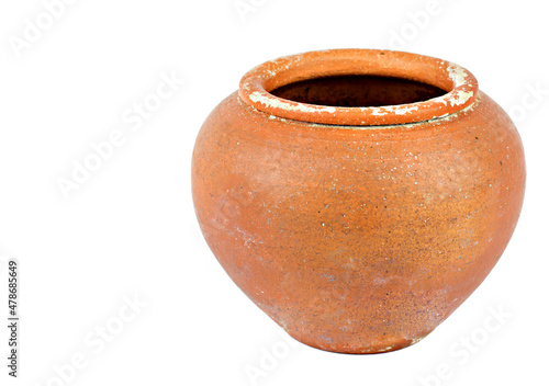 Old clay pot isolated on white background.