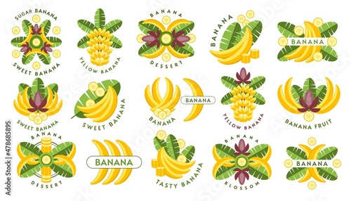 Set of logos, emblems, badges with yellow bananas, banana leaves, flowers, slices. Good for decoration of food packaging, groceries, agriculture stores, advertising. Flat style