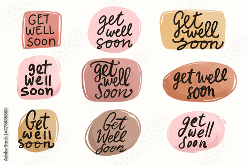 Get well soon hand drawing lettering. Get well soon sticker label in water color background.