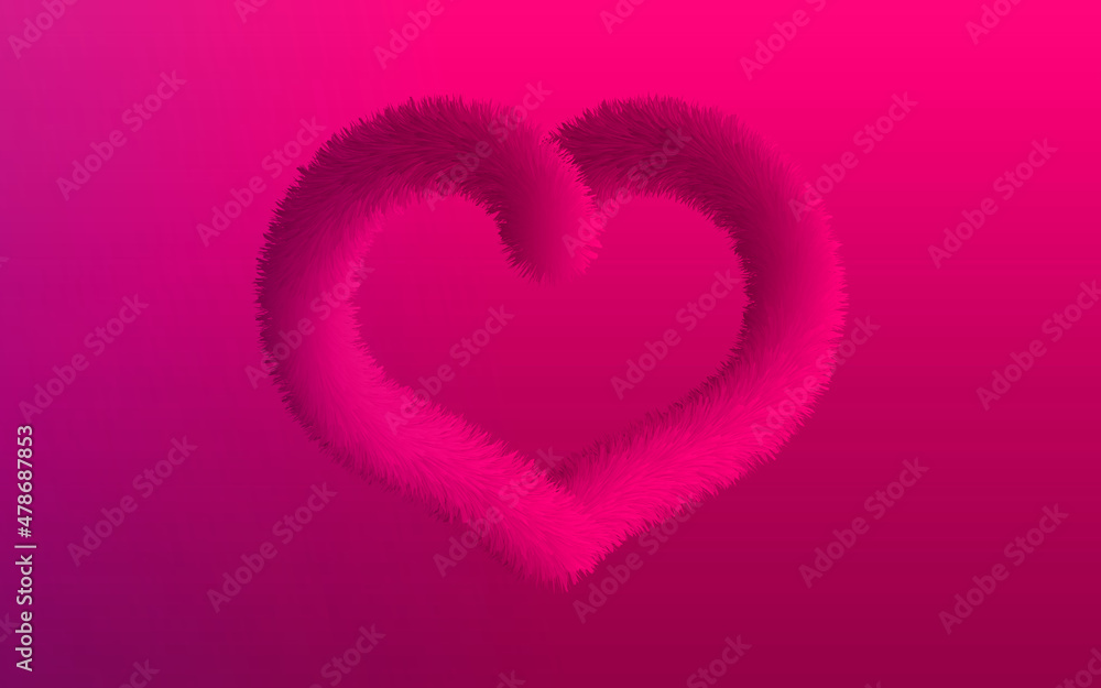 Abstract 3d geometric heart shape background with red fur texture. Beautiful volumetric heart on pink silk. 3D rendered vector illustration. Gradient heart love valentine day card.