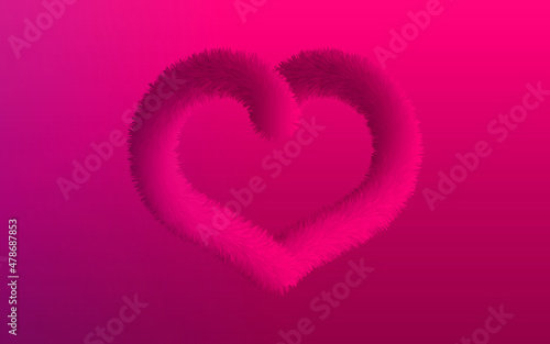 Abstract 3d geometric heart shape background with red fur texture. Beautiful volumetric heart on pink silk. 3D rendered vector illustration. Gradient heart love valentine day card.