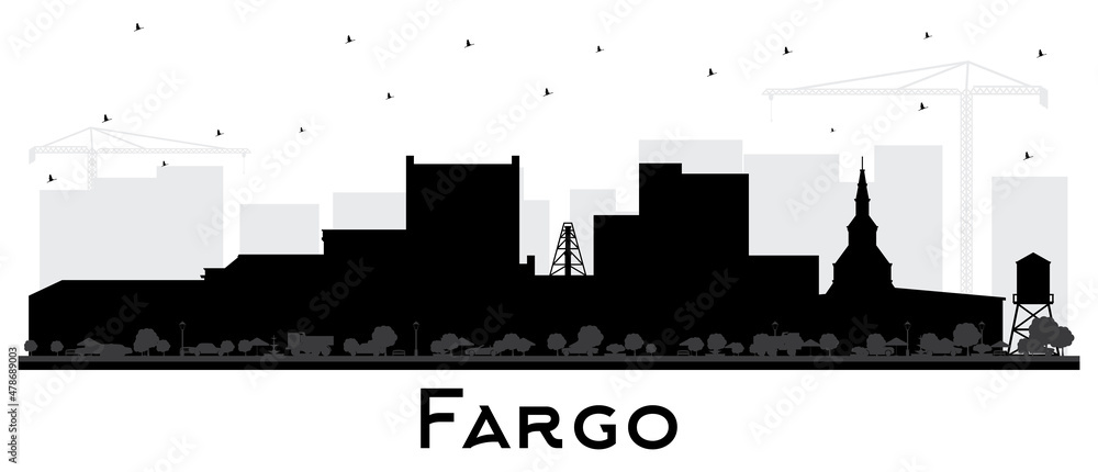 Fargo North Dakota City Skyline Silhouette with Blacik Buildings Isolated on White.