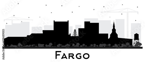 Fargo North Dakota City Skyline Silhouette with Blacik Buildings Isolated on White.