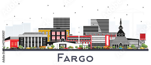 Fargo North Dakota City Skyline with Color Buildings Isolated on White.