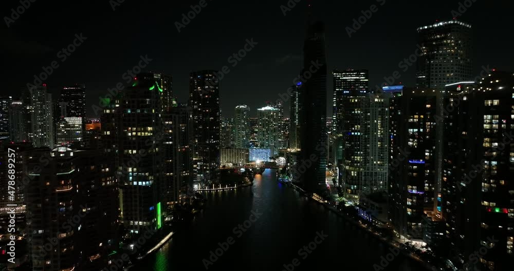 Miami River night aerial pull out shot Miami River night aerial pull out shot