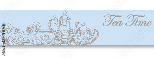 ティー・タイム、アンティーク小物のイラストを使ったバナー・デザイン。ティーポットやティーカップ。ベクターイラスト