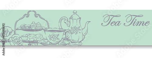 ティー・タイム、アンティーク小物のイラストを使ったバナー・デザイン。ティーポットやティーカップ。ベクターイラスト