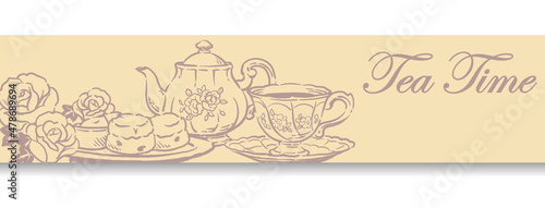 ティー・タイム、アンティーク小物のイラストを使ったバナー・デザイン。ティーポットやティーカップ。ベクターイラスト