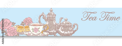 ティー・タイム、アンティーク小物のイラストを使ったバナー・デザイン。ティーポットやティーカップ。ベクターイラスト
