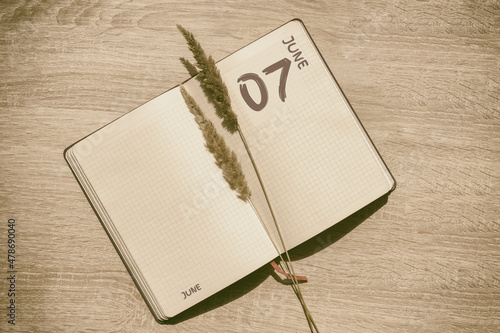 june 7. 7th day of month, calendar date.Blank pages of notebook are beige, with dried spikelets. Concept of day of year, time planner, summer month photo