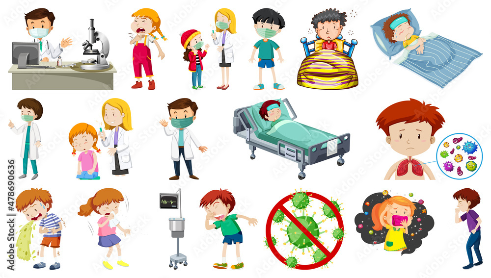 Set of sick people with different syptoms Set of sick people with different syptoms