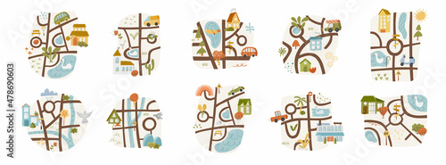 Set of 10 cute landscape doodle map with pond, route and house river country nursery garden cartoon vector illustration, isolated on white.