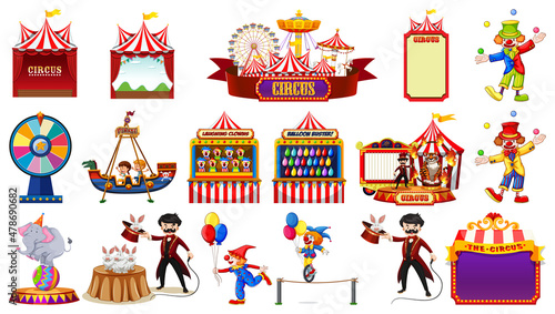 Set of circus characters and amusement park elements
