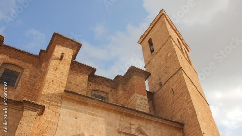 Exterior Facade Of The Segorbe Cathedral In Segorbe, Castellon Province, Spain. low angle, panning right 4k photo