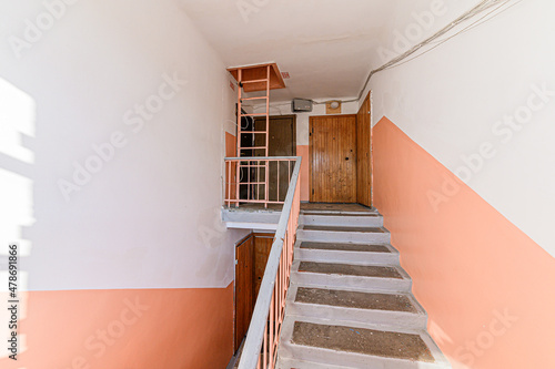 Russia, Moscow- May 15, 2020: interior public place, house entrance. doors, walls, staircase corridors