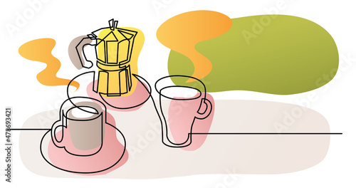 continuous line drawing of coffee pot with two cups of coffee on table top