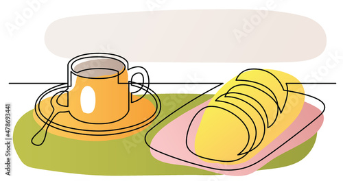 continuous line drawing of cup of coffee with bisquits