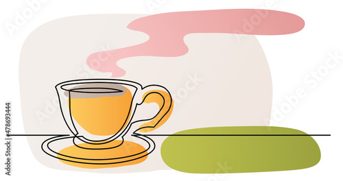 continuous line drawing of cup of coffee with saucer