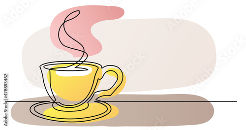 continuous line drawing of cup of coffee with saucer