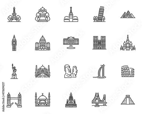 World landmarks line icons set