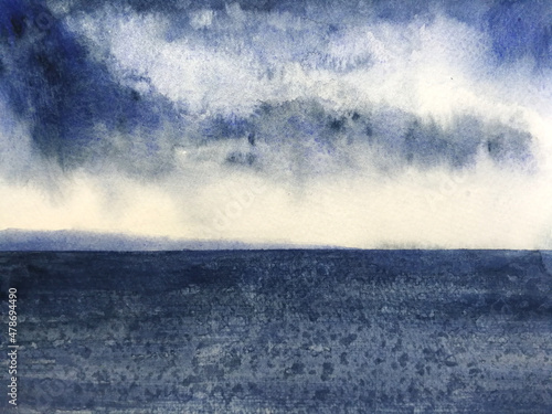 Watercolor blue sea landscape and gloomy cloudy.