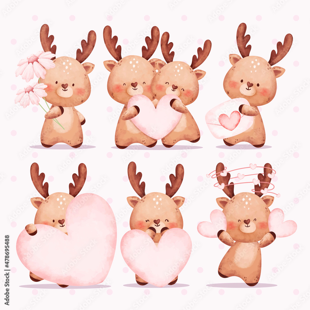 Watercolor set of love couple deer Watercolor set of love couple deer