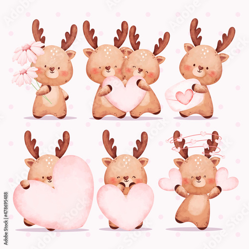 Watercolor set of love couple deer