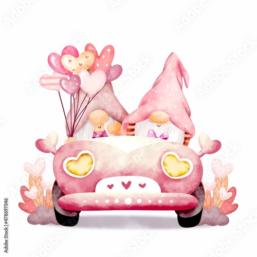 Watercolor cute couple gnome in car with balloon 