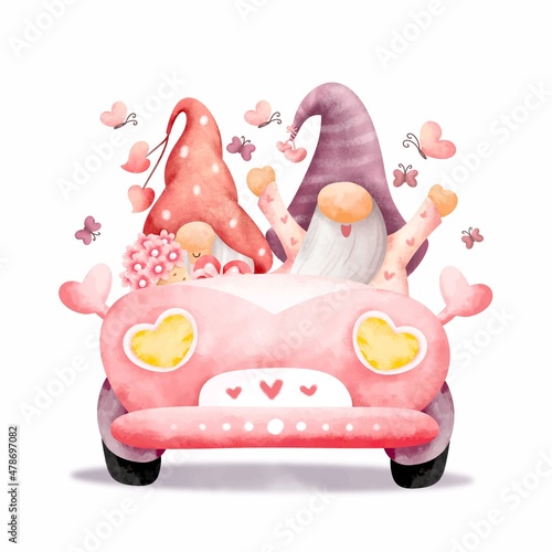 Watercolor cute couple gnome in car with flower and butterfly 