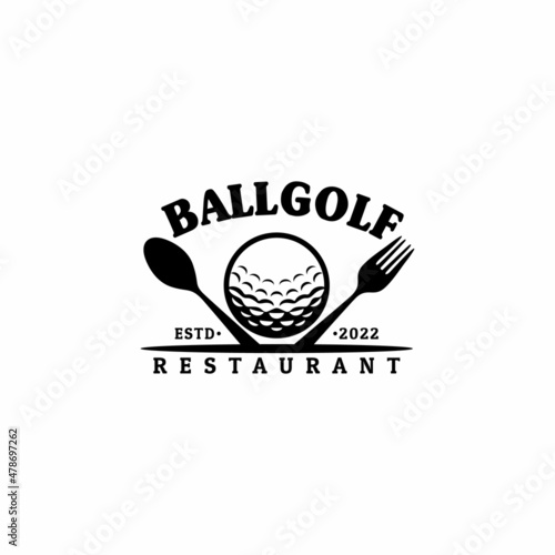 Restaurant Golf Bar with Ball And Crossed Spoon Fork logo design