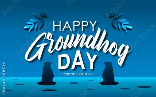 Quadro su tela Happy Groundhog Day - hand drawn brush lettering with leaves and groundhog silhouette on blue background