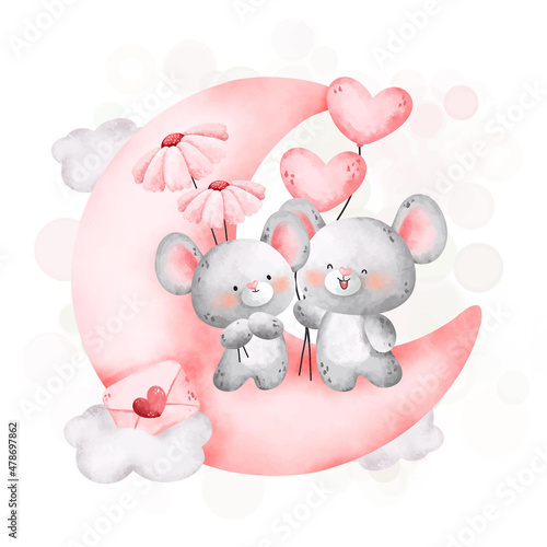 Watercolor cute couple mouse on the pink moon  © Stella
