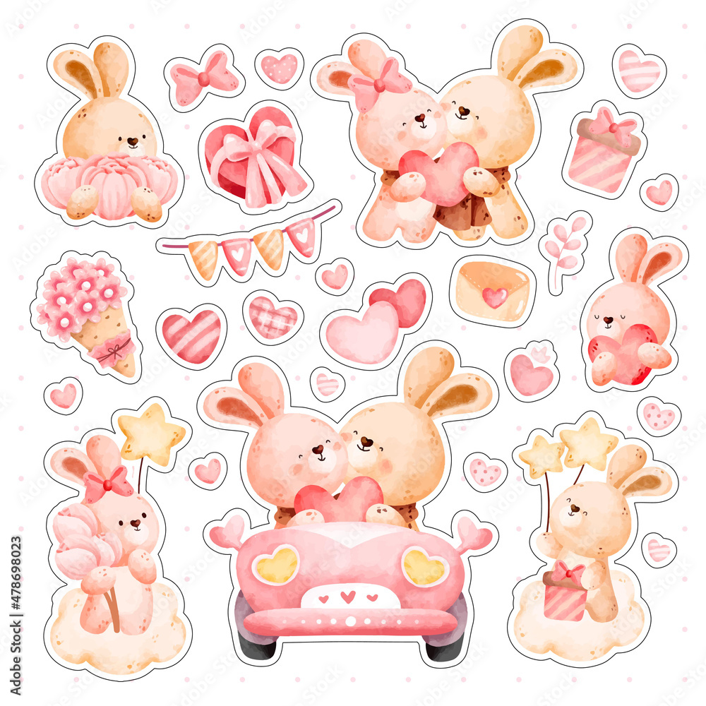 Obraz premium Watercolor cute rabbit with love elements sticker set 