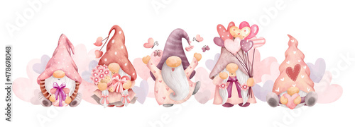 Watercolor cute love gnome banner background 