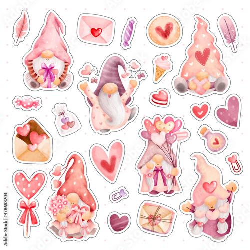 Watercolor gnome with love elements sticker set 