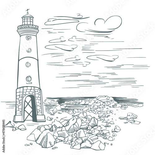Lighthouse on the shore of a rocky island. Lighthouse in retro style sketch