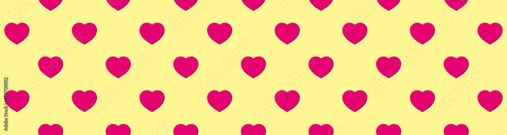 Seamless pattern. Pink heart on pastel yellow background. symbol of love. Template for application to surface. Banner for insertion into site. 3d image. 3d rendering