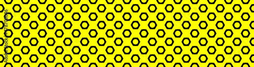 Seamless pattern. Image of a nut on a yellow background. black hexagon. Banner for insertion into site. 3d rendering. 3d image.