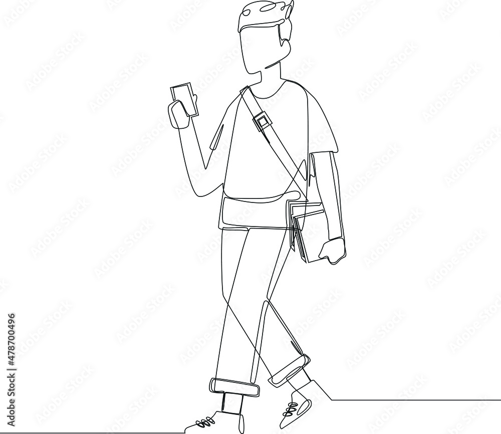 Single continuous line drawing of male playing smartphone before go to school. concept one line draw design graphic vector illustration Single continuous line drawing of male playing smartphone before go to school. concept one line draw design graphic vector illustration