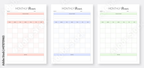 Monthly planner pages design collection set. Minimalist planner pages templates. 3 Set of minimalist planners, Monthly planner bundle set. Printable Planner Set 2022.