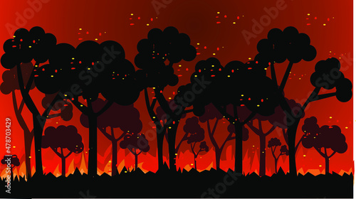 illustration of forest fire in a place with dry trees and cracked soil lack of water and hot weather