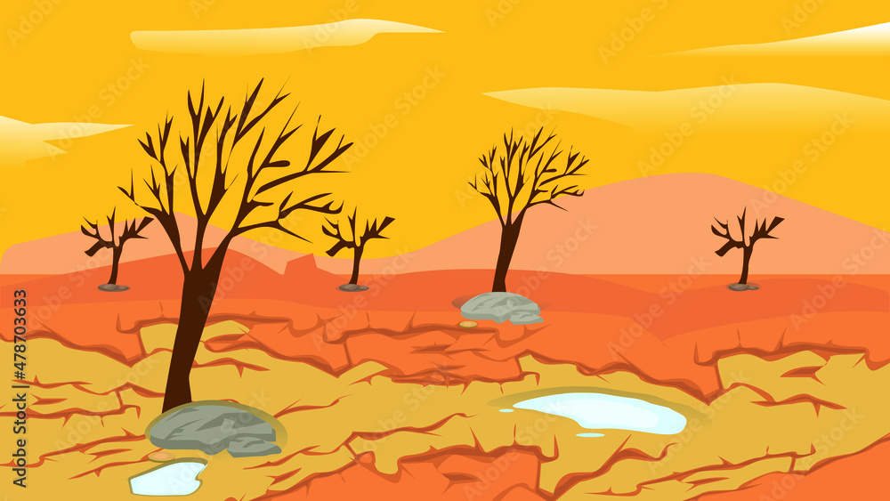 illustration of drought in a place with dry trees and cracked soil lack of water and hot weathe
