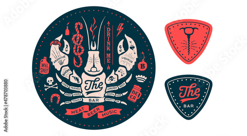 Graphic element for pub, bar. Circle coaster with drawing, corkscrew, text Bar for Pub, Beer, Whiskey. Vintage drawing for bar, pub, beer and whiskey themes. Vector Illustration