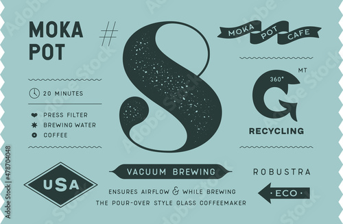 Coffee, tag label. Modern tag, label for brand, logo, sticker coffee shop. Template design minimal label, tag with text moka pot, coffee. Typographic tag, modern font. Vector Illustration