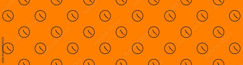 black hands of the clock on an orange background. the concept of time. pattern from the images of the clock. Banner for insertion into site. Horizontal image. 3d image. 3d rendering.