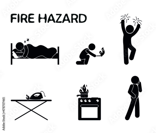 fire hazard situations illustration, domestic fire due to violation of the rules, people set arson