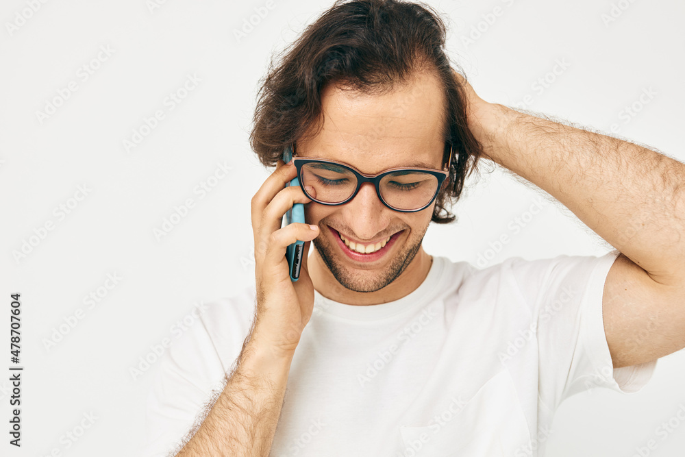 Cheerful man telephone communication hand gesture isolated background